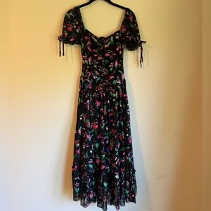 Sweet Silhouette Black Hummingbird Tie Midi Dress, Sheer Cap Sleeves
